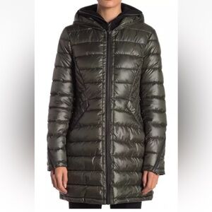 French Connection Black and Green Quilted Puffer Jacket Coat